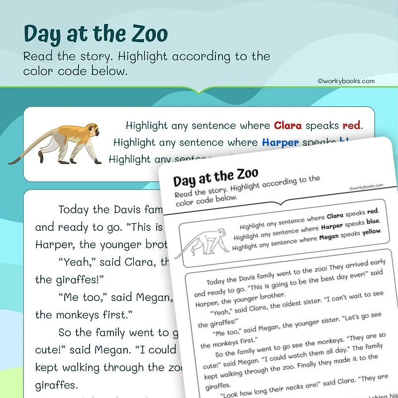 Day at the Zoo—Narrator perspective — ela worksheet for Grade 1, page 1 of 3
