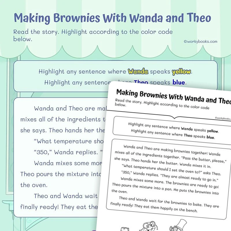 Making Brownies with Wanda and Theo — ela worksheet for Grade 1, page 1 of 3