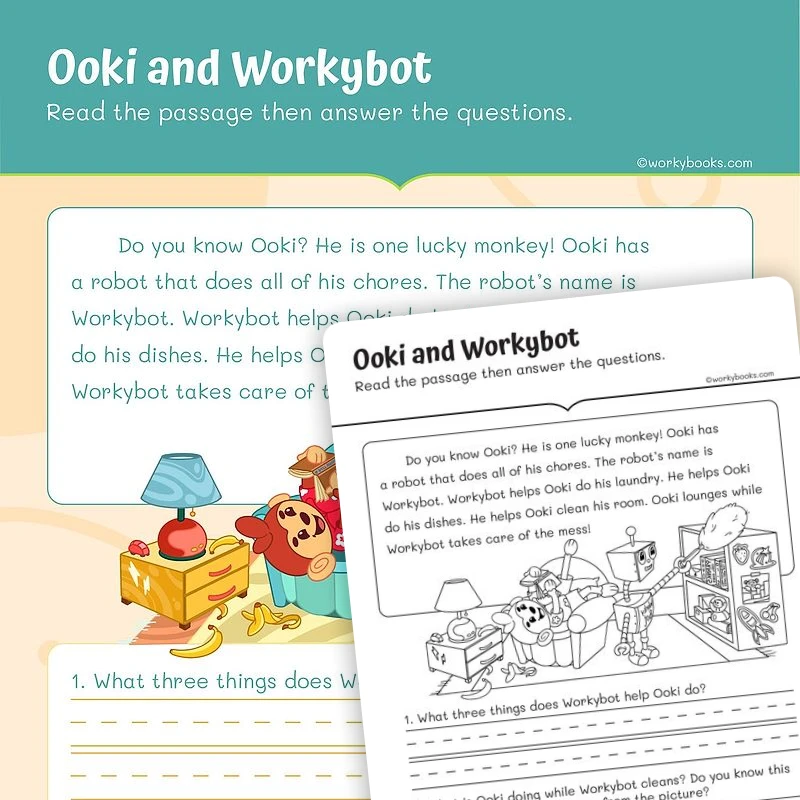 Short Story—Ooki and Workybot — ela worksheet for Grade 1, page 1 of 3