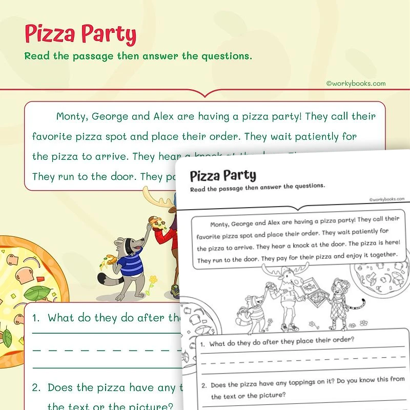 Short Story—Pizza Party — ela worksheet for Grade 1, page 1 of 3