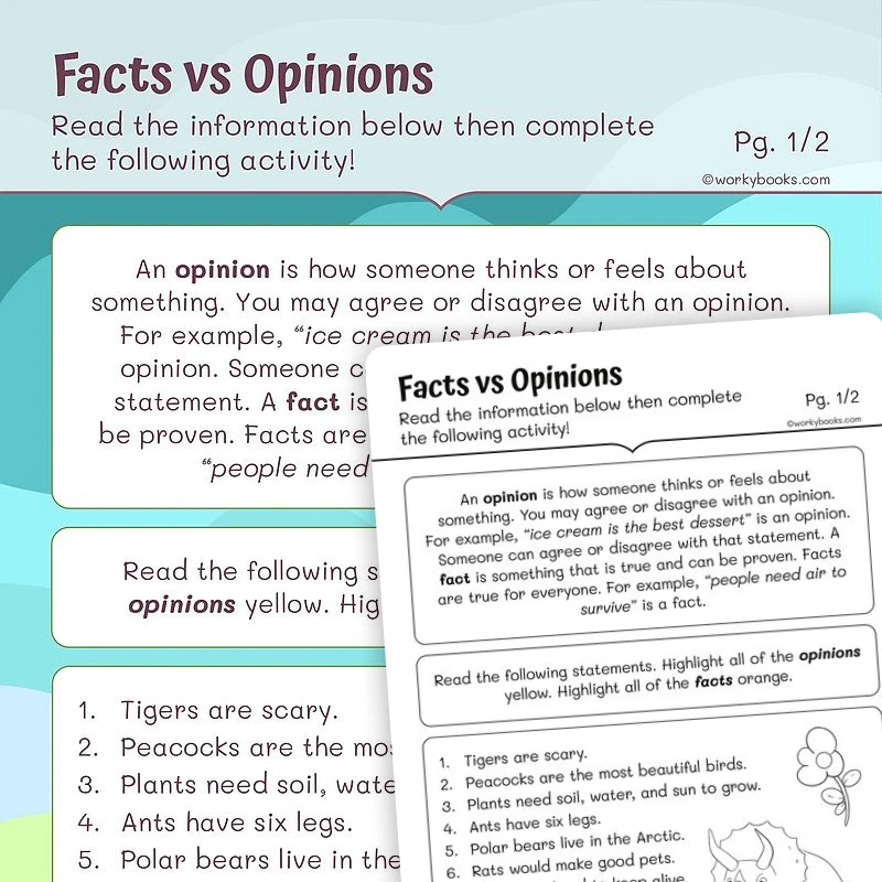 Facts vs Opinions — ela worksheet for Grade 1, page 1 of 3