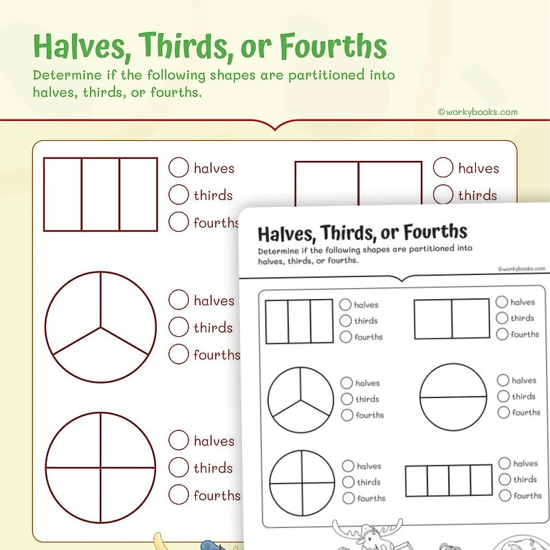 Halves, Thirds, or Fourths — math worksheet for Grade 2, page 1 of 3