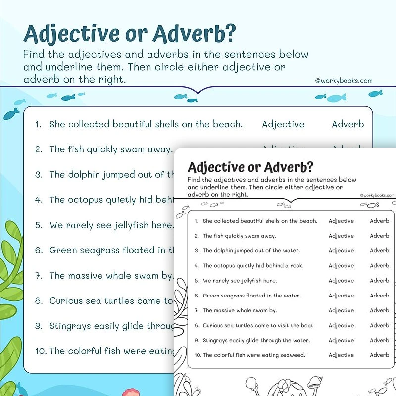 Adjective vs Adverb — ela worksheet for Grade 2, page 1 of 3