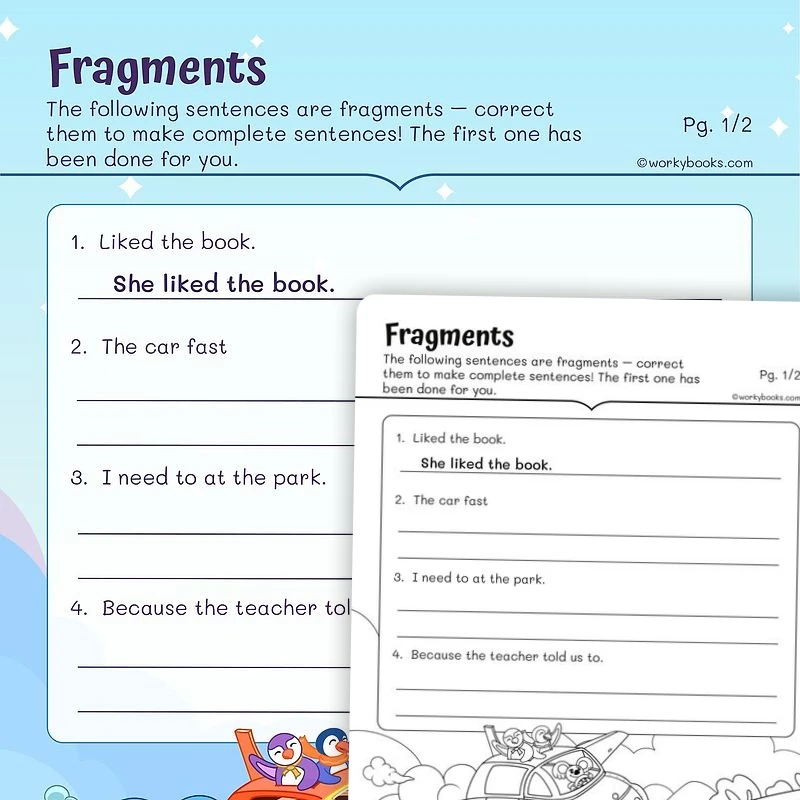 Sentence Fragment — ela worksheet for Grade 2, page 1 of 3