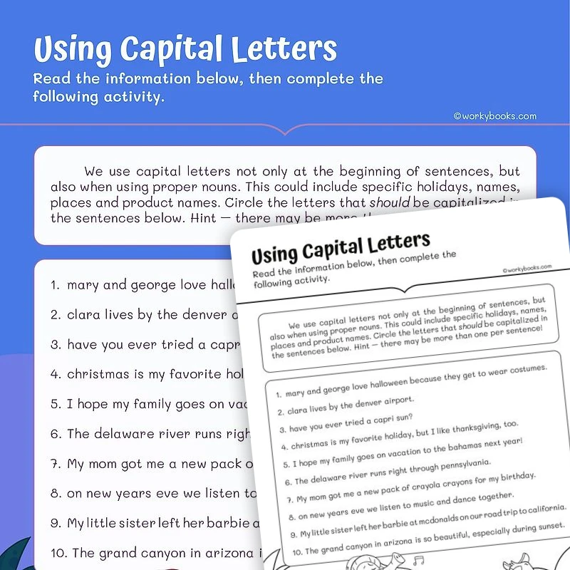 Using Capital Letters — ela worksheet for Grade 2, page 1 of 3