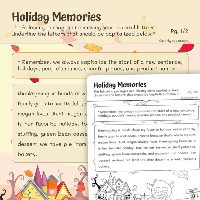 Capitalizing Holidays — ela worksheet for Grade 2, page 1 of 3