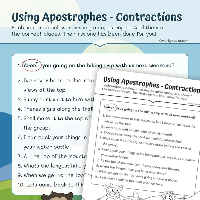 Using Apostrophes— Contractions — ela worksheet for Grade 2, page 1 of 3