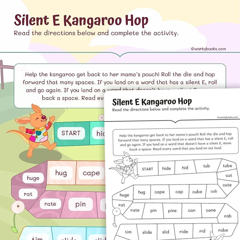 Silent E Kangaroo Hop—Board Game — ela worksheet for Grade 2, page 1 of 3