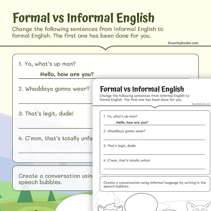 Formal vs Informal Language — ela worksheet for Grade 2, page 1 of 3