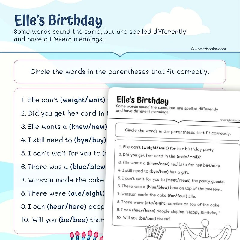 Elle's Birthday Homophones — ela worksheet for Grade 2, page 1 of 3