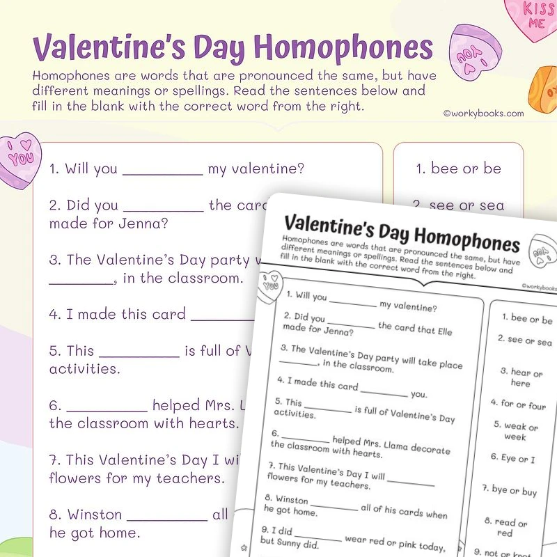 Valentine's Day Homophones — ela worksheet for Grade 2, page 1 of 3