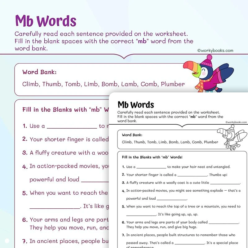 Mb Words — ela worksheet for Grade 1, Grade 2, Grade 3, page 1 of 3