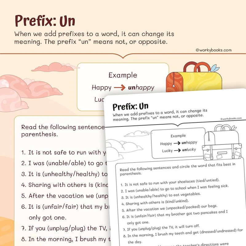 Prefix: Un — ela worksheet for Grade 2, page 1 of 3