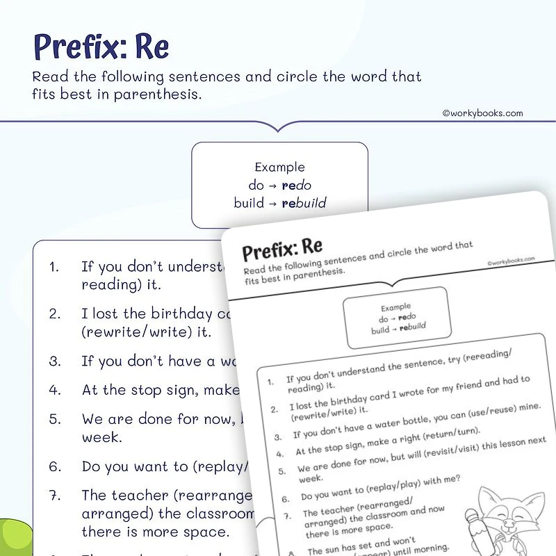 Prefix: Re — ela worksheet for Grade 2, page 1 of 3