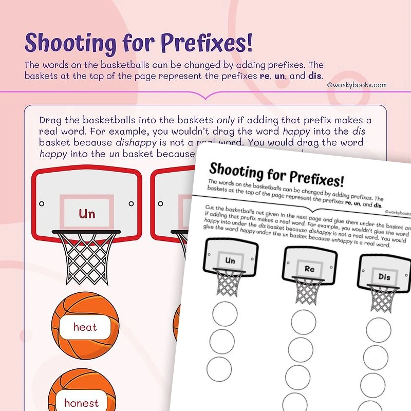 Shooting for Prefixes — ela worksheet for Grade 2, page 1 of 3