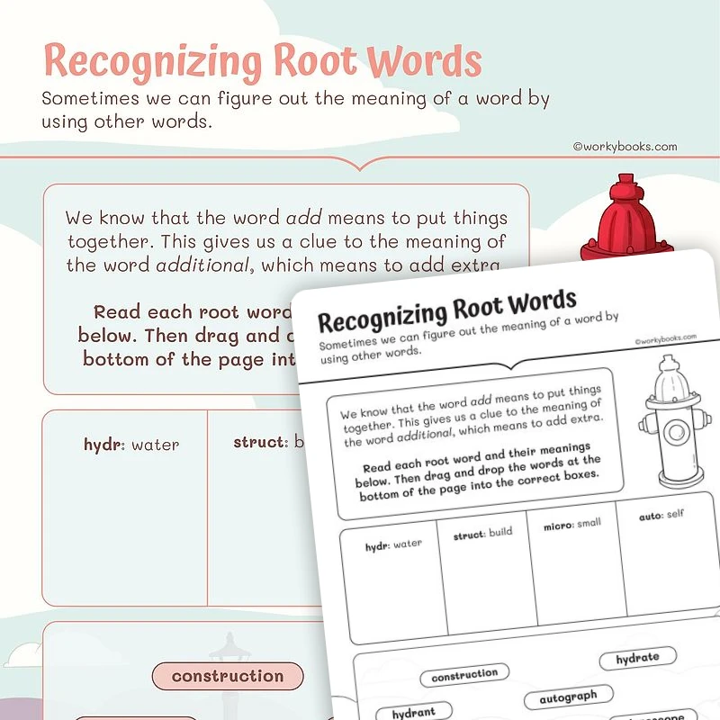 Recognizing Root Words — ela worksheet for Grade 2, page 1 of 3