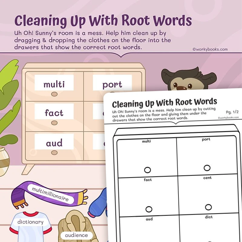 Cleaning Up With Root Words — ela worksheet for Grade 2, page 1 of 3
