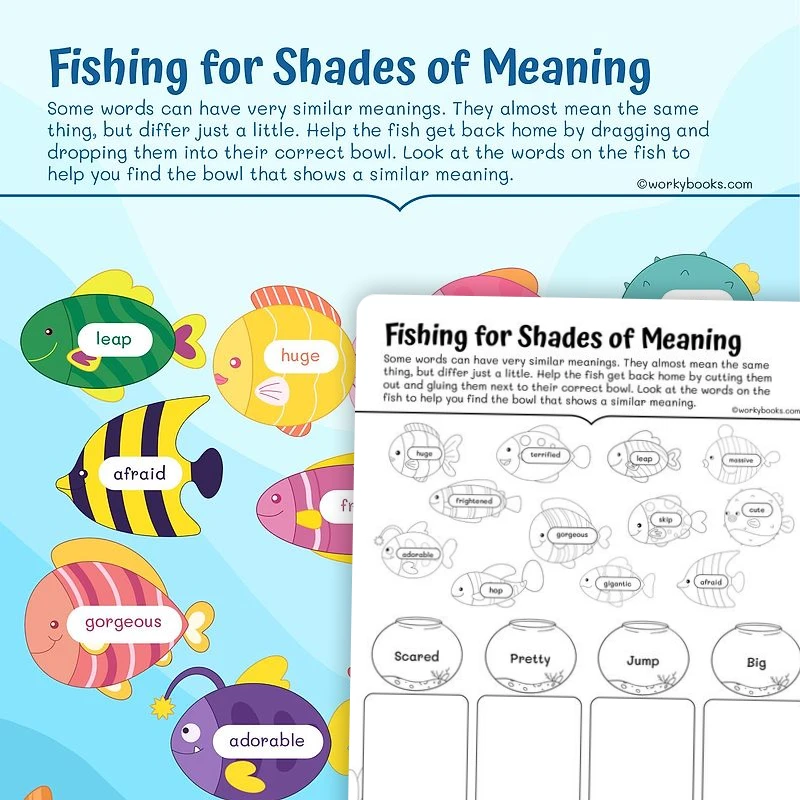 Fishing for Shades of Meaning — ela worksheet for Grade 2, page 1 of 3