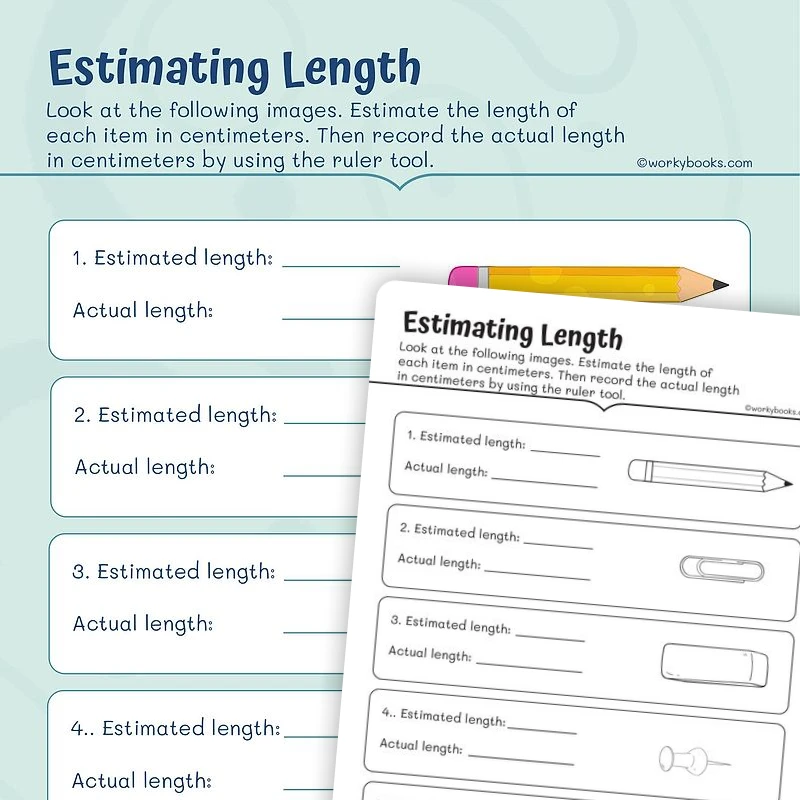 Estimating lengths — math worksheet for Grade 2, page 1 of 3