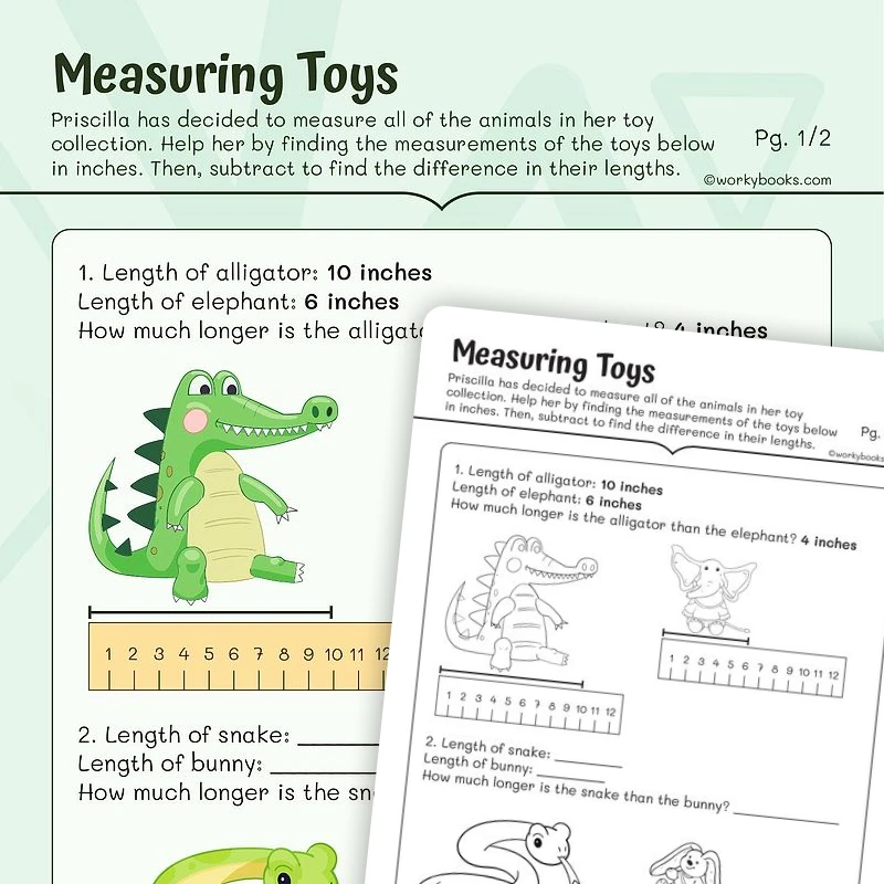 Measurement—Measuring Toys — math worksheet for Grade 2, page 1 of 3