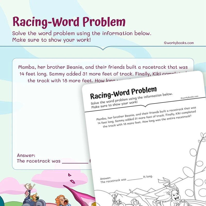 Measurement—Racing Word Problem — math worksheet for Grade 2, page 1 of 3