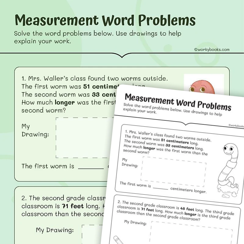 Measurement—Word Problems — math worksheet for Grade 2, page 1 of 3
