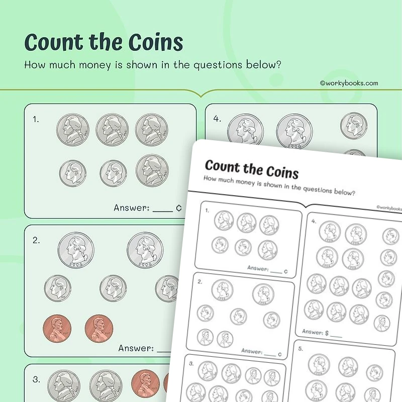 Money—Count the coins — math worksheet for Grade 2, page 1 of 3