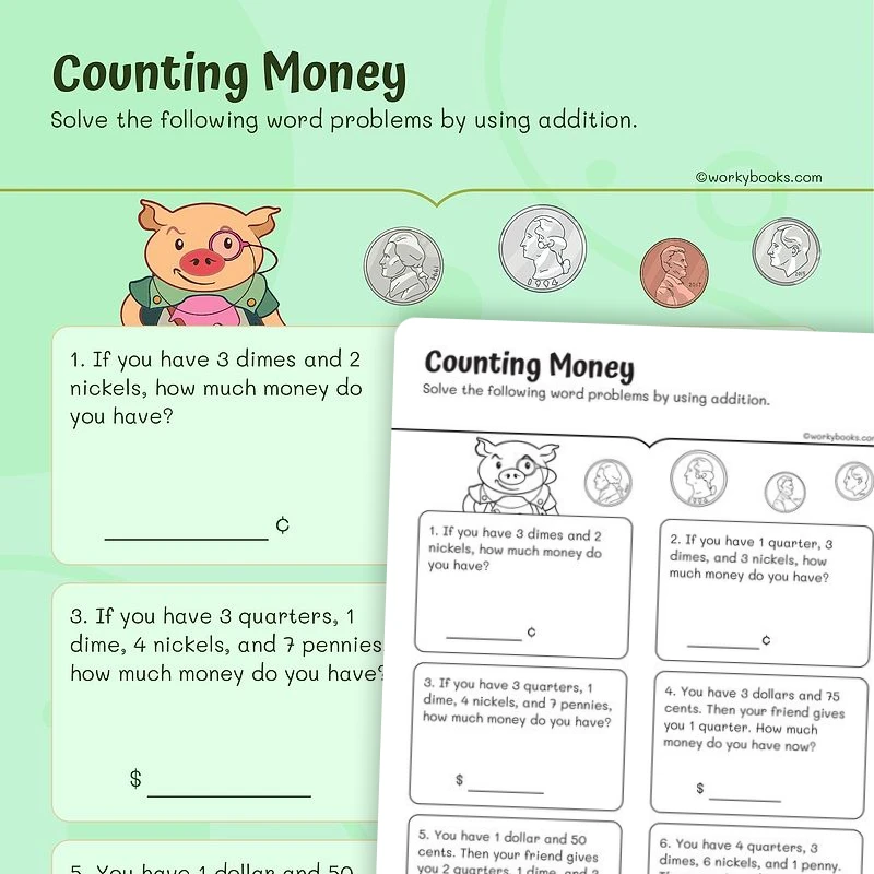 Counting Money — math worksheet for Grade 2, page 1 of 3