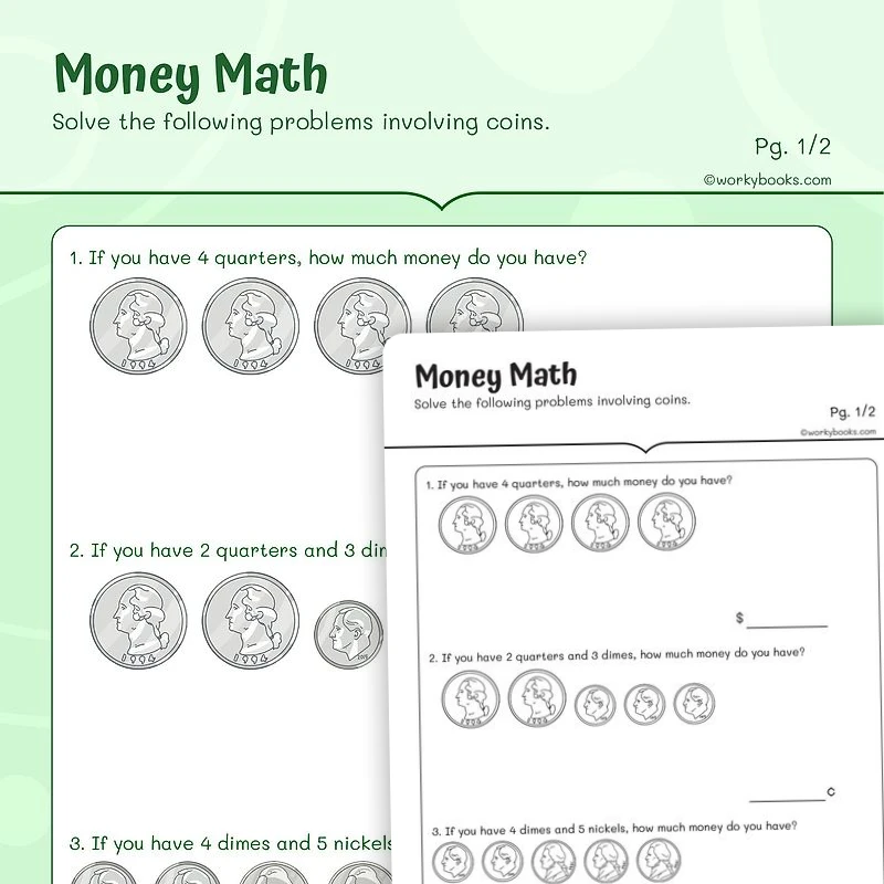 Money Math — math worksheet for Grade 2, page 1 of 3