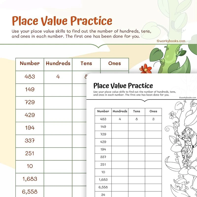Place Value Practice — math worksheet for Grade 2, page 1 of 3