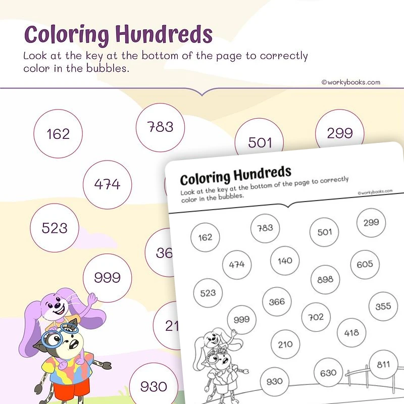 Coloring Hundreds— Place Value — math worksheet for Grade 2, page 1 of 3