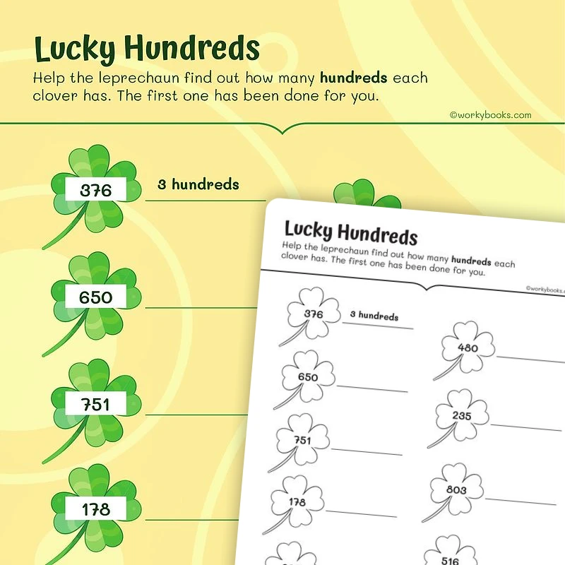 Lucky Hundreds— Place Value — math worksheet for Grade 2, page 1 of 3