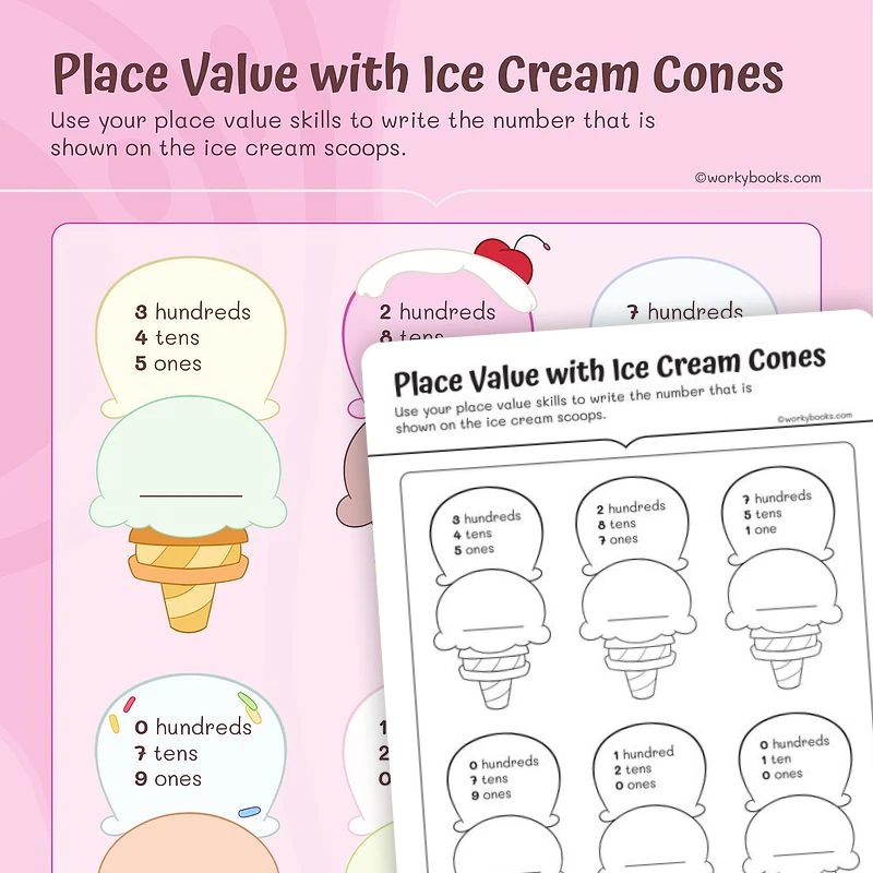 Place Value with Ice Cream Cones — math worksheet for Grade 2, page 1 of 3