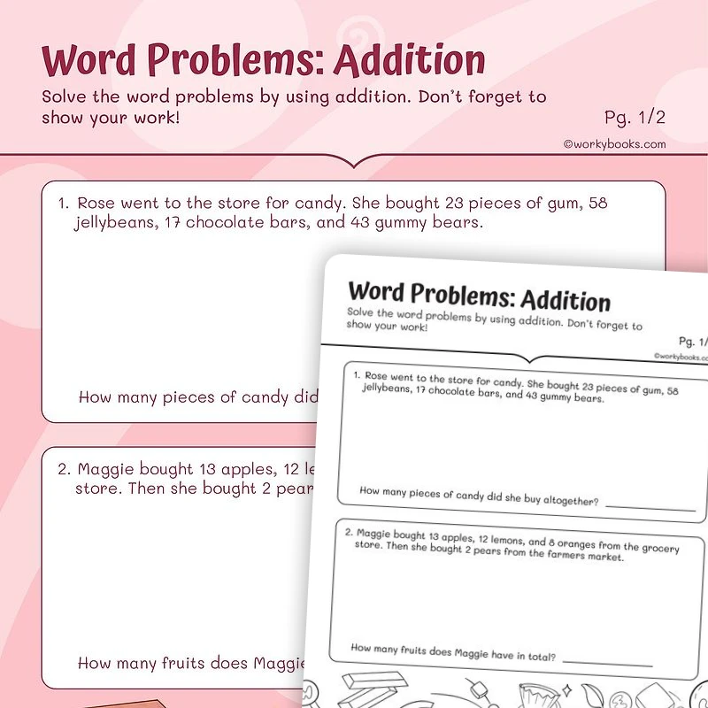 Word Problems: Addition — math worksheet for Grade 2, page 1 of 3