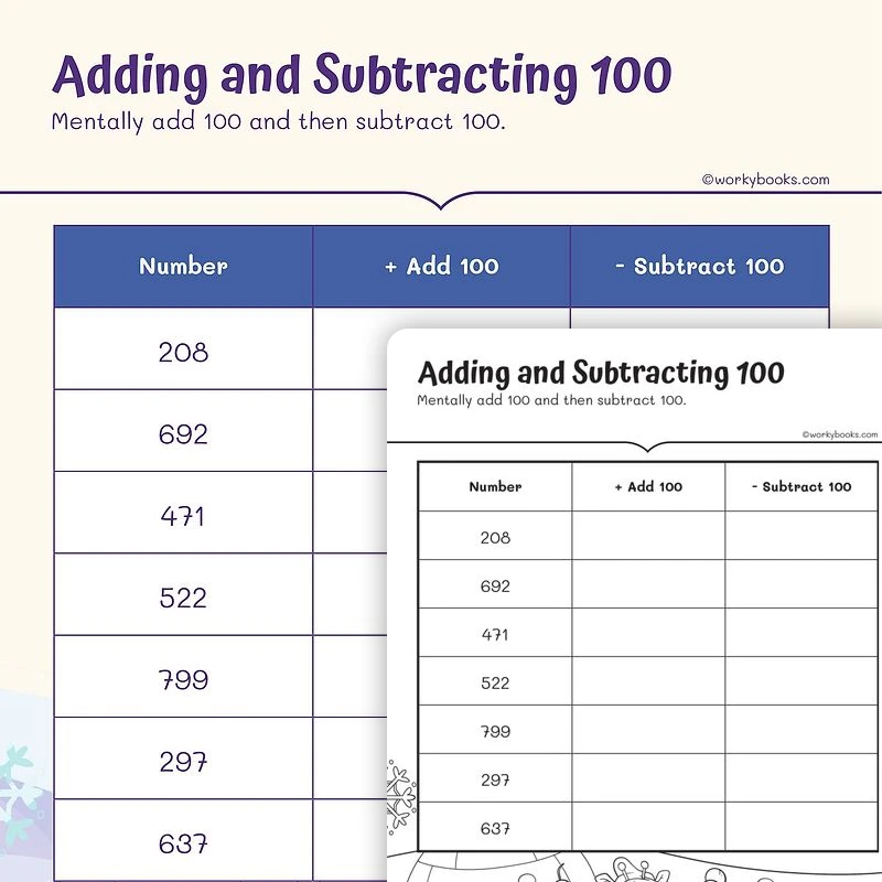Adding and Subtracting 100 — math worksheet for Grade 2, page 1 of 3