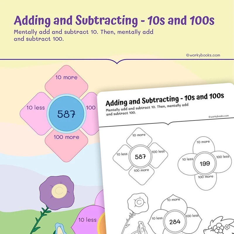 Adding and Subtracting — 10s and 100s — math worksheet for Grade 2, page 1 of 3
