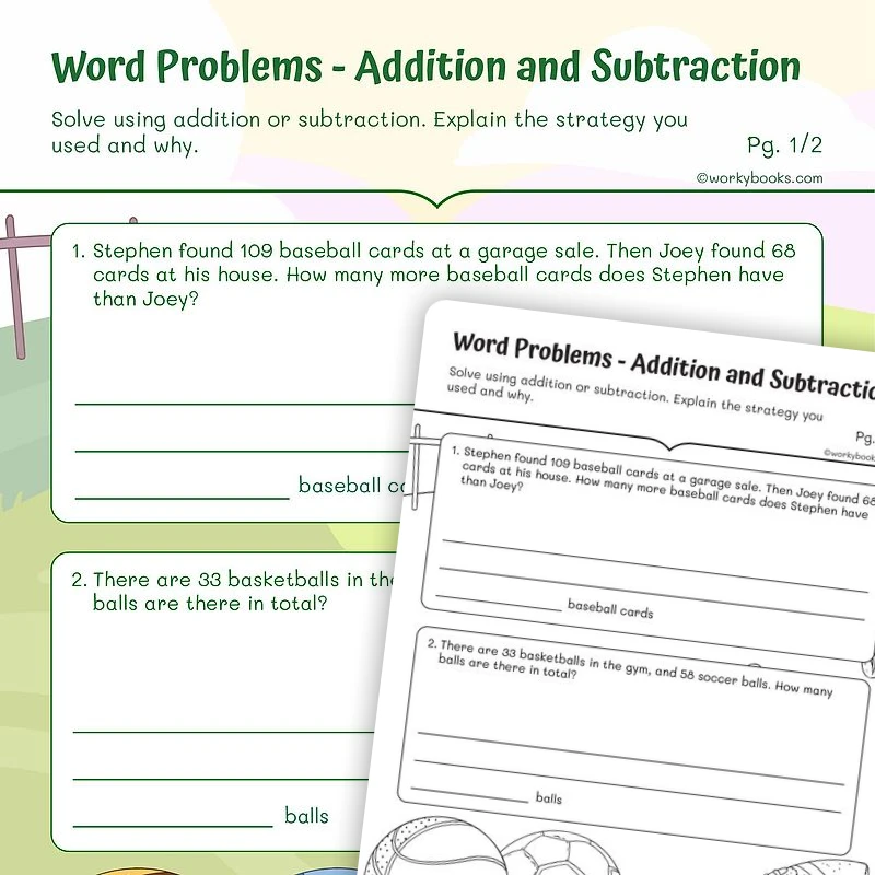 Word Problems: Addition and Subtraction — math worksheet for Grade 2, page 1 of 3
