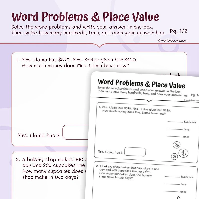 Word Problems & Place Value — math worksheet for Grade 2, page 1 of 3