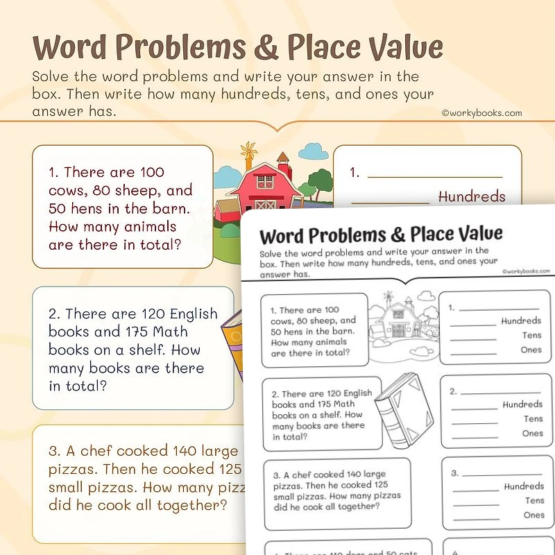 Multi step Place Value Word Problems — math worksheet for Grade 2, page 1 of 3
