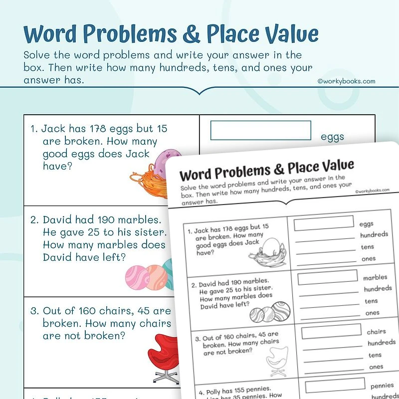 Place Value Word Problems — math worksheet for Grade 2, page 1 of 3