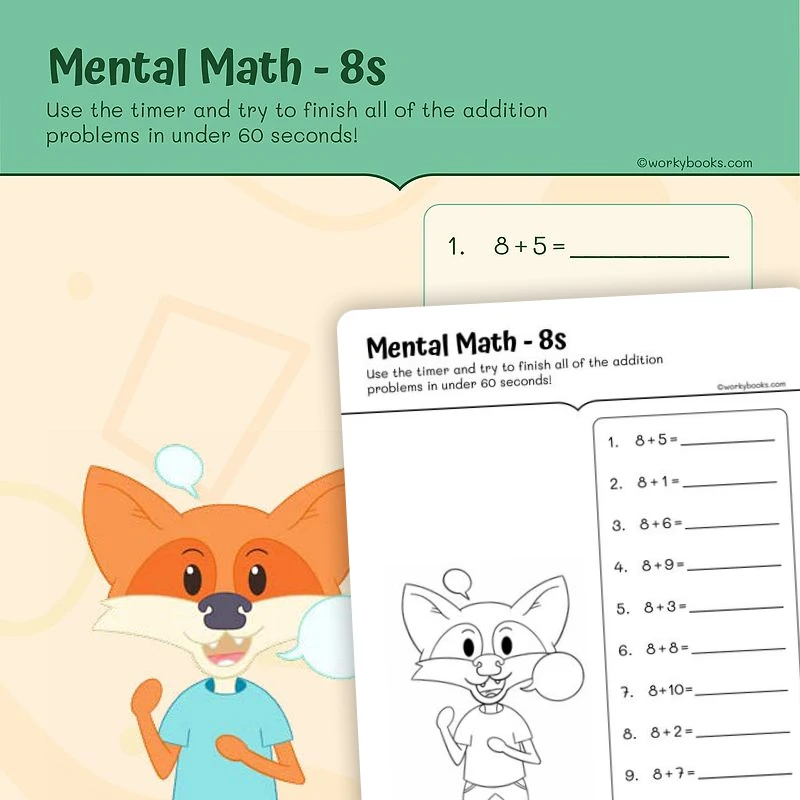 Single Digit Addition: For 8 — math worksheet for Grade 2, page 1 of 3