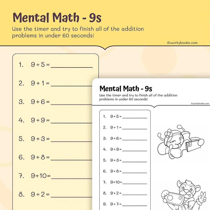 Single Digit Addition: For 9 — math worksheet for Grade 2, page 1 of 3