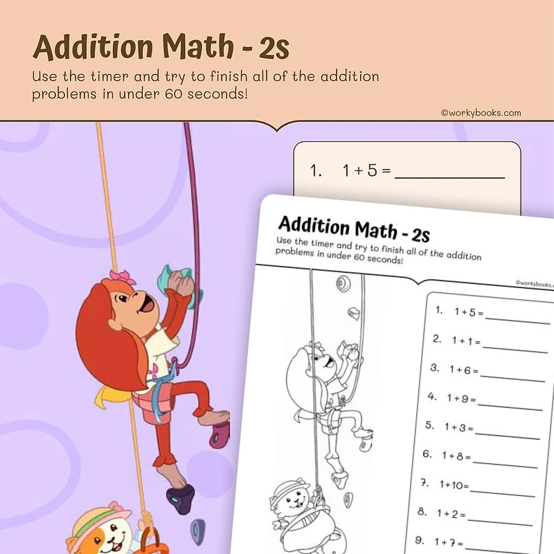 Single Digit Addition: For 2 — math worksheet for Grade 2, page 1 of 3