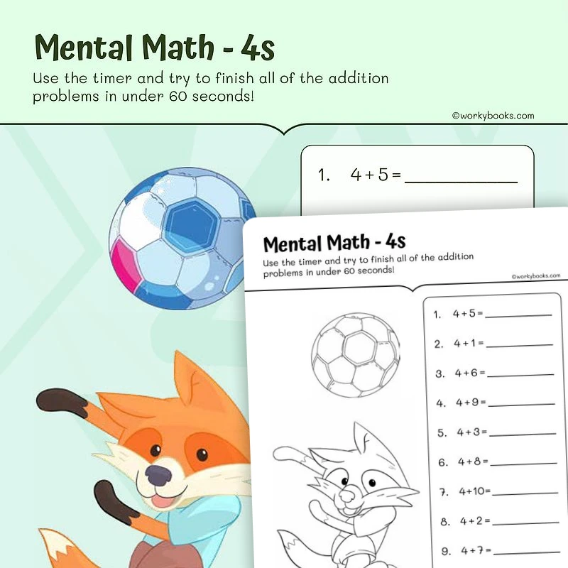 Single Digit Addition: For 4 — math worksheet for Grade 2, page 1 of 3