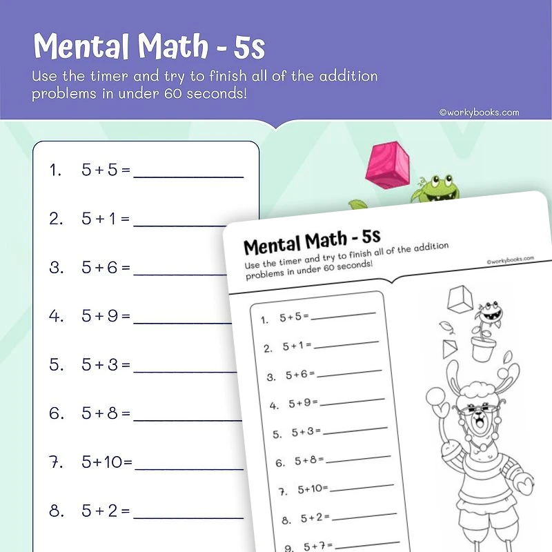 Single Digit Addition: For 5 — math worksheet for Grade 2, page 1 of 3