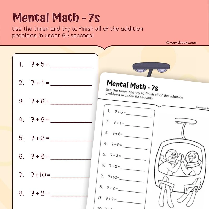 Single Digit Addition: For 7 — math worksheet for Grade 2, page 1 of 3