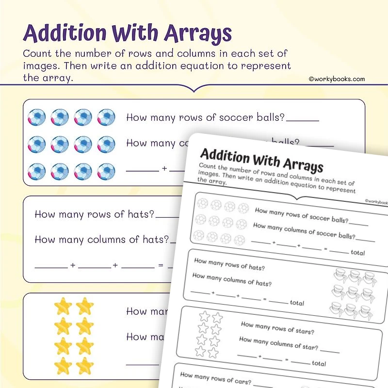 Addition with Arrays — math worksheet for Grade 2, page 1 of 3
