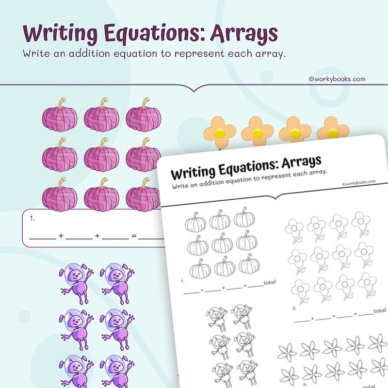 Writing Equations: Arrays — math worksheet for Grade 2, page 1 of 3