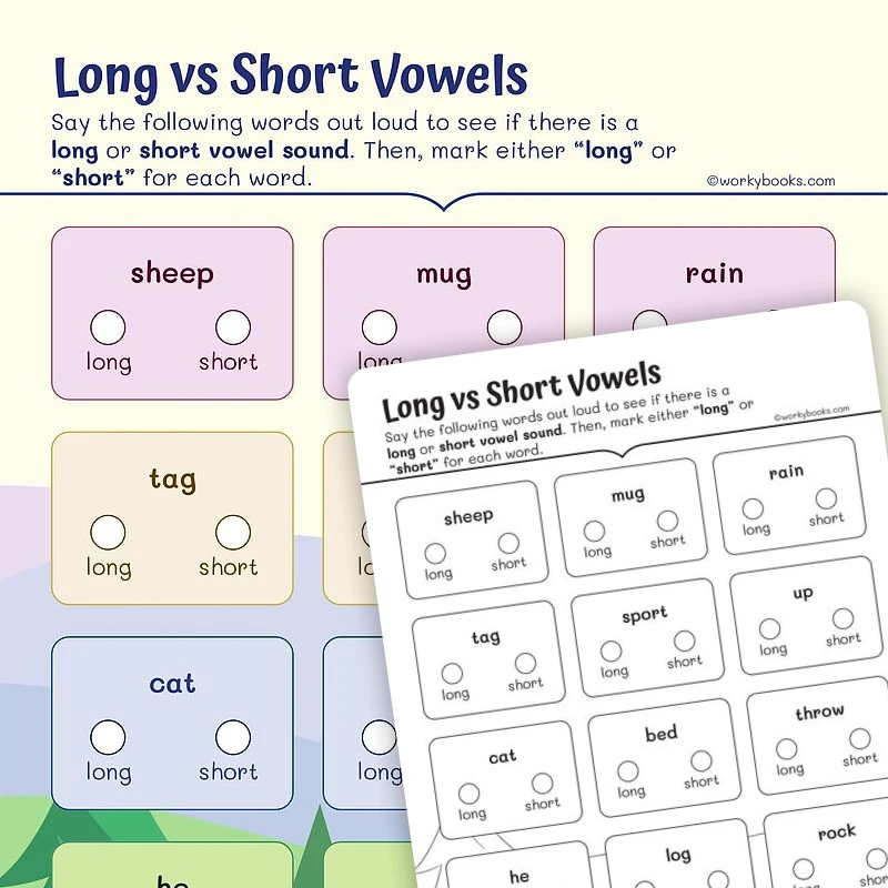 Long vs Short Vowels — ela worksheet for Grade 2, page 1 of 3