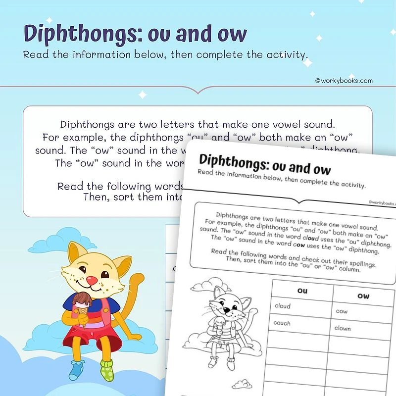 Diphthongs: ou and ow — ela worksheet for Grade 2, page 1 of 3